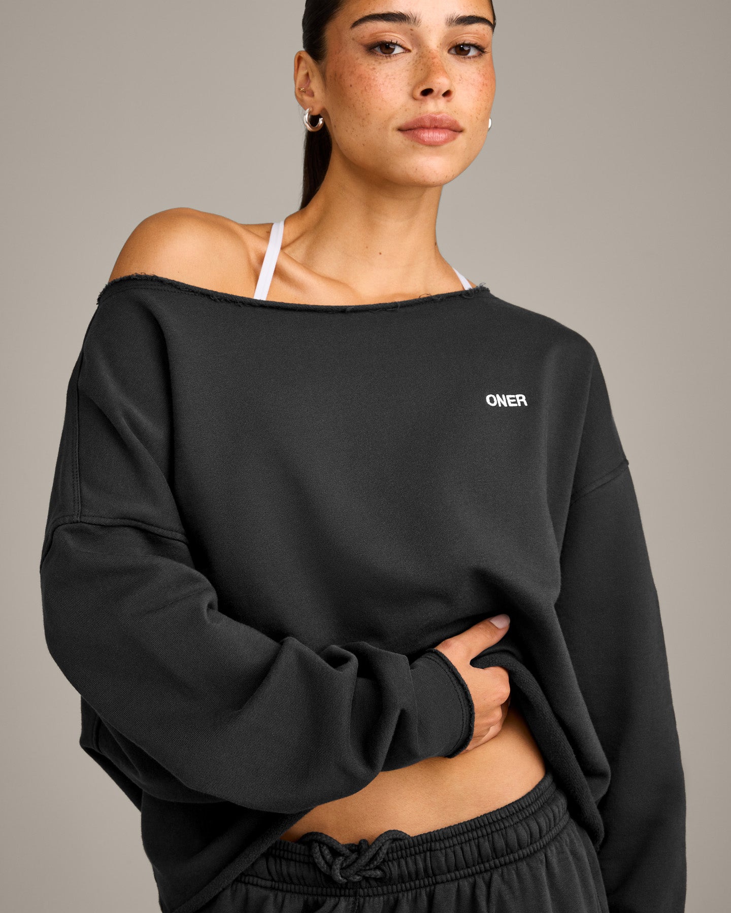 Raw Cut Lounge Off-The-Shoulder Sweatshirt | Washed Black