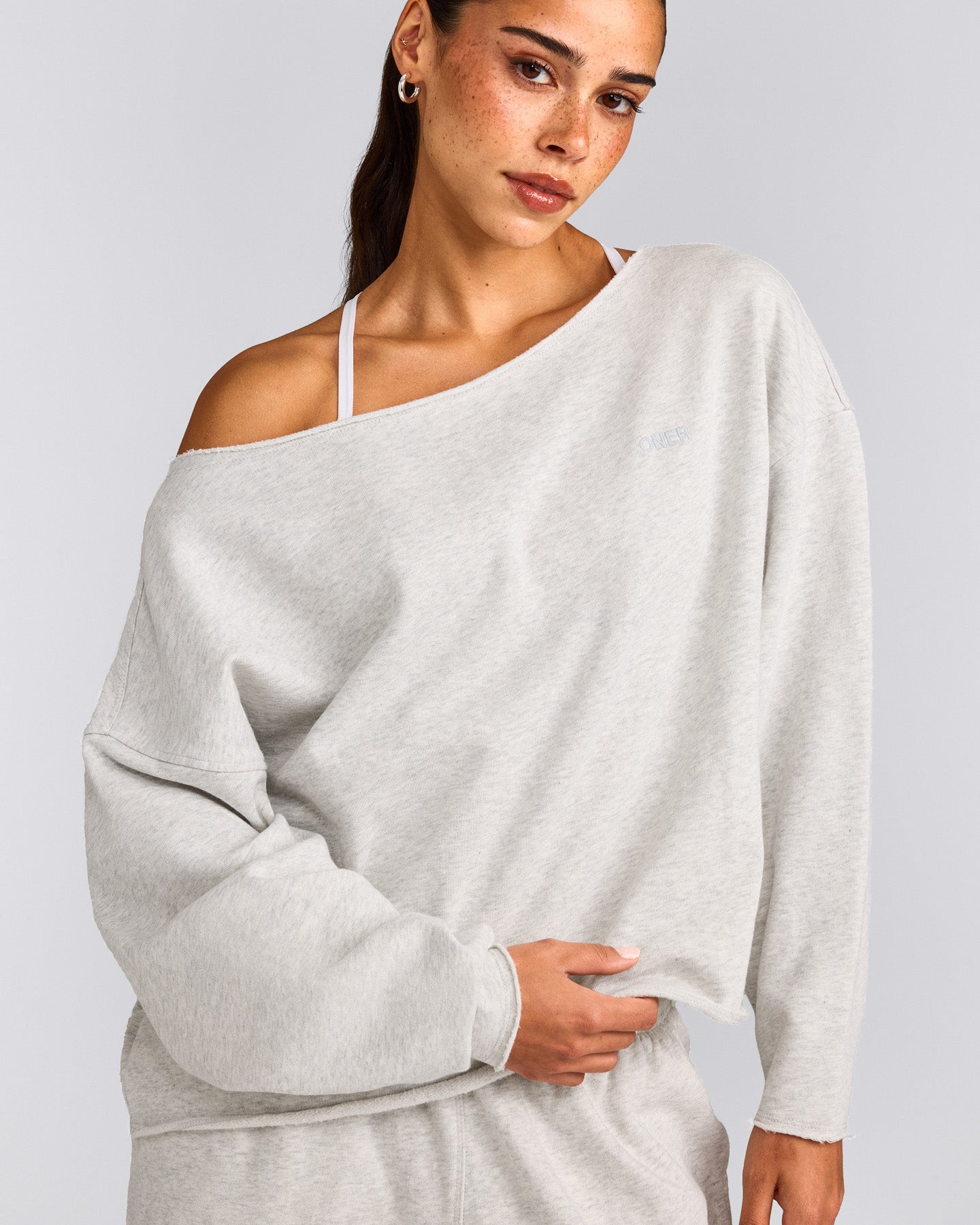 Cotton Vintage Lounge Off-The-Shoulder Sweatshirt | Light Gray Marl