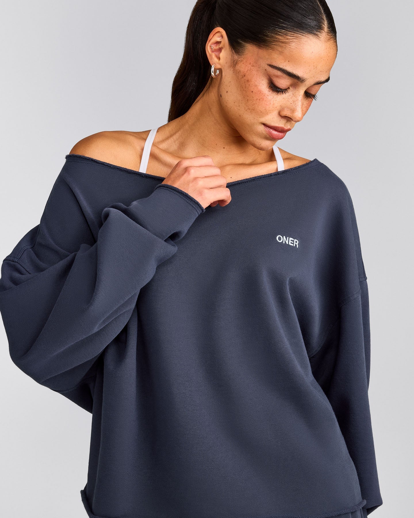 Cotton Vintage Lounge Off-The-Shoulder Sweatshirt | Washed True Blue