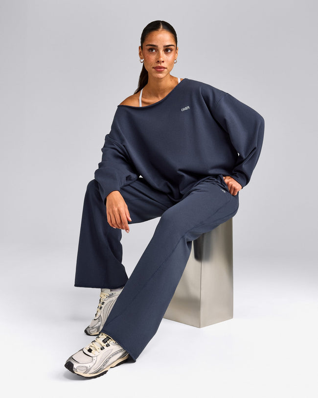 Cotton Vintage Lounge Off-The-Shoulder Sweatshirt | Washed True Blue