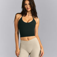 SoftMotion™ Strappy Halter Neck Mid Tank Top with Built in Bra Shelf | Emerald Noir