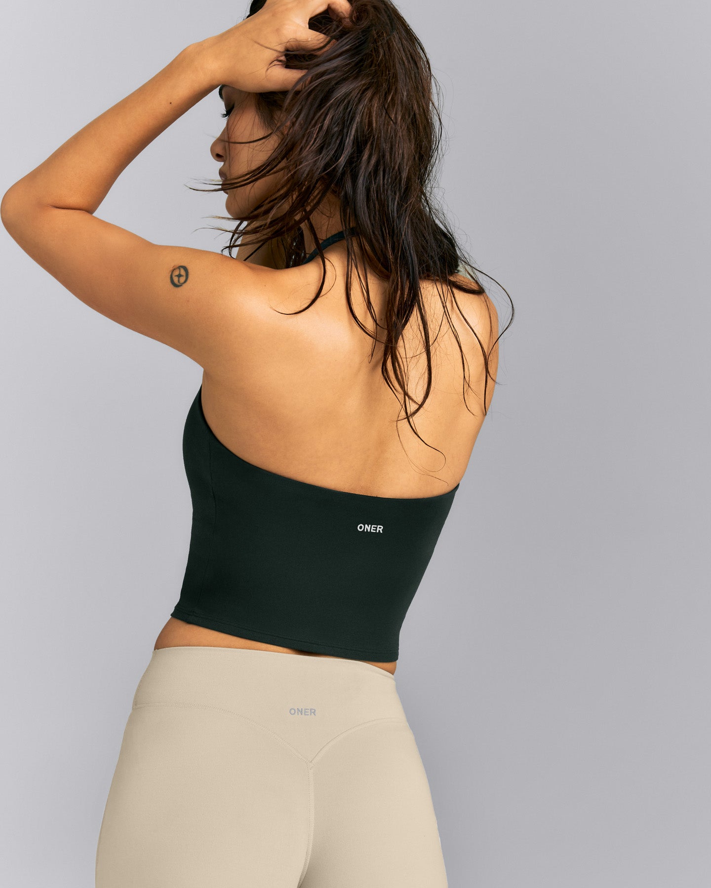 SoftMotion™ Strappy Halter Neck Mid Tank Top with Built in Bra Shelf | Emerald Noir