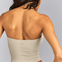 SoftMotion™ Strappy Halter Neck Mid Tank Top with Built in Bra Shelf | Oatmeal