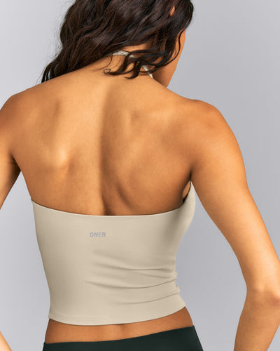 SoftMotion™ Strappy Halter Neck Mid Tank Top with Built in Bra Shelf | Oatmeal