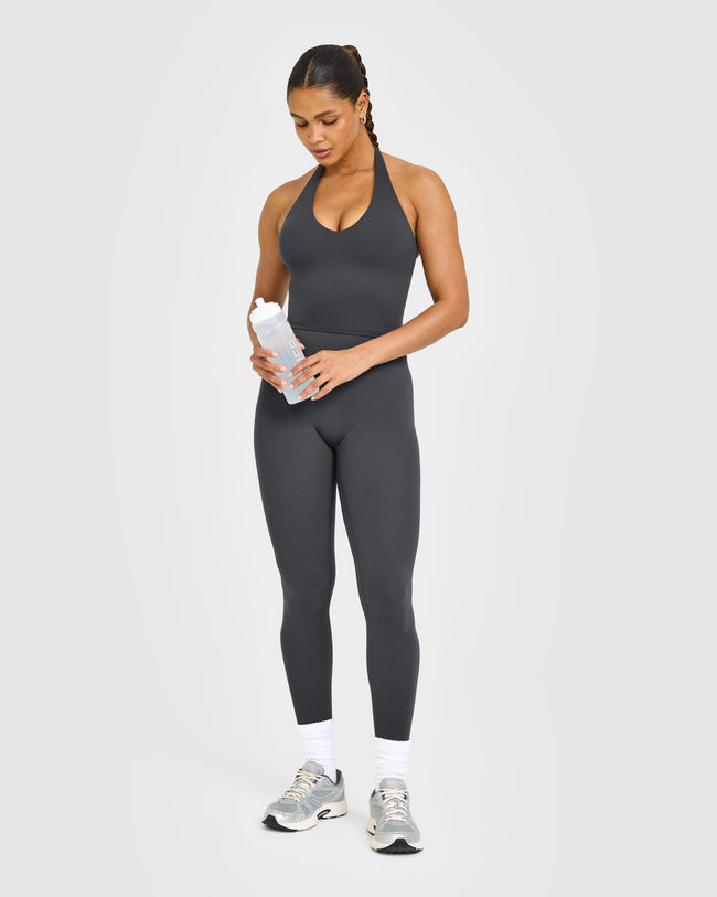 SoftMotion™ Halter Neck Mid Vest with Built in Bra Shelf with White Logo | Coal