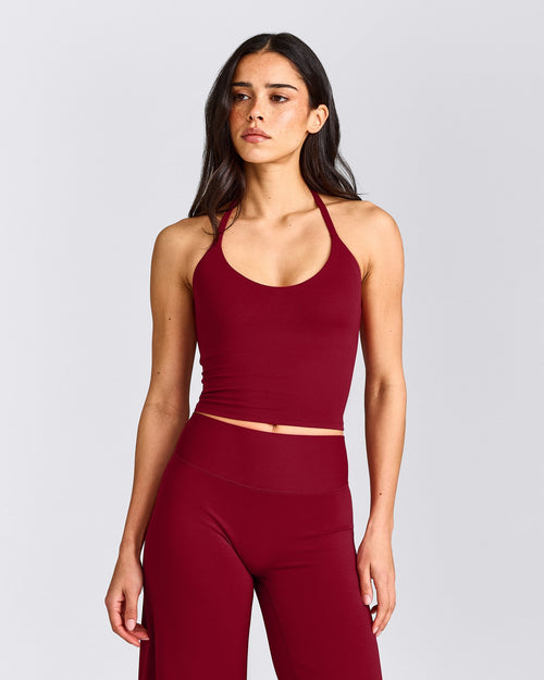 SoftMotion™ Strappy Halter Neck Mid Tank Top with Built in Bra Shelf | Ruby Red