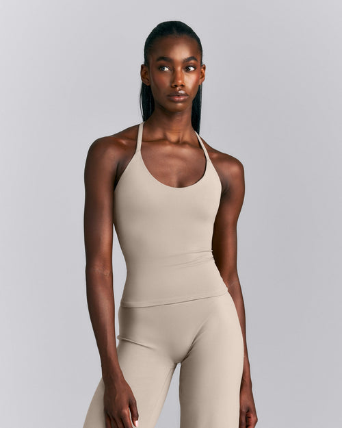 SoftMotion™ Strappy Halter Neck Tank Top with Built in Bra Shelf | Warm Sand