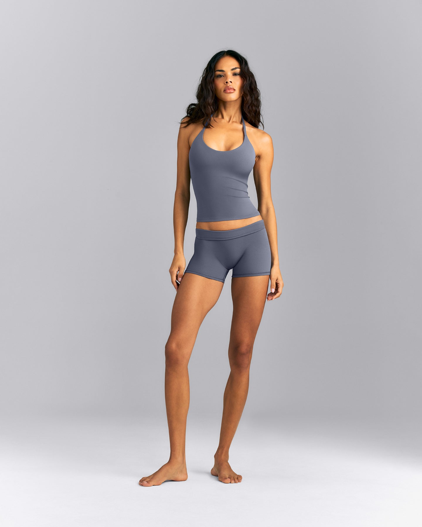 SoftMotion™ Strappy Halter Neck Tank Top with Built in Bra Shelf | Granite Blue