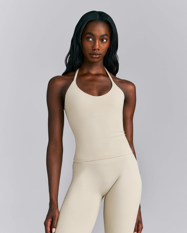 SoftMotion™ Strappy Halter Neck Tank Top with Built in Bra Shelf | Oatmeal