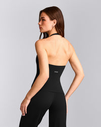 SoftMotion™ Halter Neck Tank Top with Built in Bra Shelf with Gray Logo | Black
