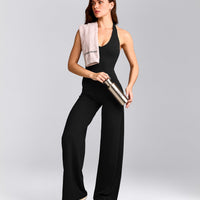 SoftMotion™ Halter Neck Tank Top with Built in Bra Shelf with Gray Logo | Black