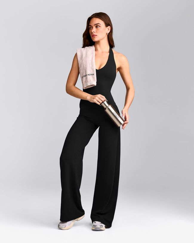 SoftMotion™ Halter Neck Tank Top with Built in Bra Shelf with Gray Logo | Black