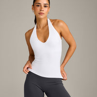 SoftMotion™ Halter Neck Vest with Built in Bra Shelf with Grey Logo | White