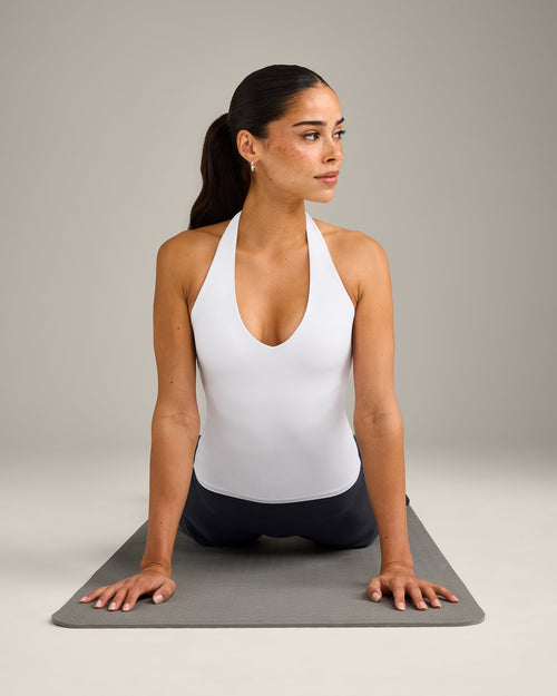 SoftMotion™ Halter Neck Vest with Built in Bra Shelf with Grey Logo | White