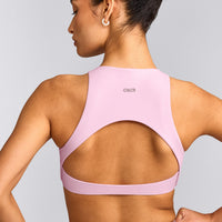 SoftMotion™ High Neck Sports Bra with Gray Logo | Chalk Pink