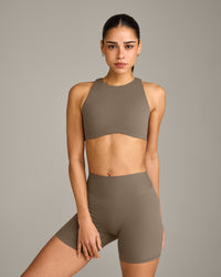 SoftMotion™ High Neck Sports Bra with Grey Logo | Moss Brown