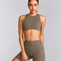 SoftMotion™ High Neck Sports Bra with Gray Logo | Moss Brown