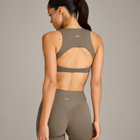 SoftMotion™ High Neck Sports Bra with Grey Logo | Moss Brown