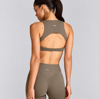 SoftMotion™ High Neck Sports Bra with Gray Logo | Moss Brown