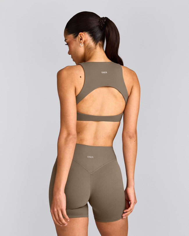SoftMotion™ High Neck Sports Bra with Gray Logo | Moss Brown