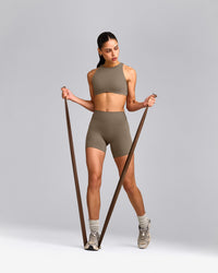 SoftMotion™ High Neck Sports Bra with Gray Logo | Moss Brown