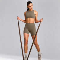 SoftMotion™ High Neck Sports Bra with Gray Logo | Moss Brown