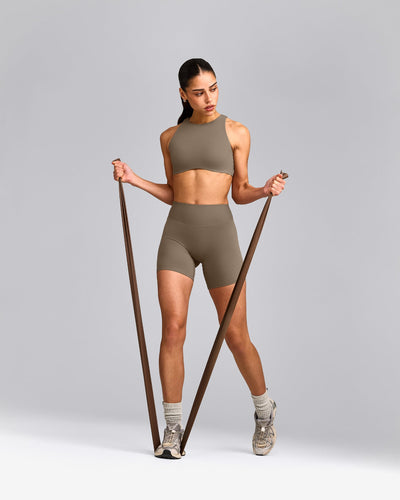 SoftMotion™ High Neck Sports Bra with Gray Logo | Moss Brown