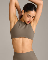 SoftMotion™ High Neck Sports Bra with Grey Logo | Moss Brown
