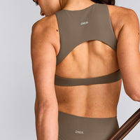 SoftMotion™ High Neck Sports Bra with Gray Logo | Moss Brown