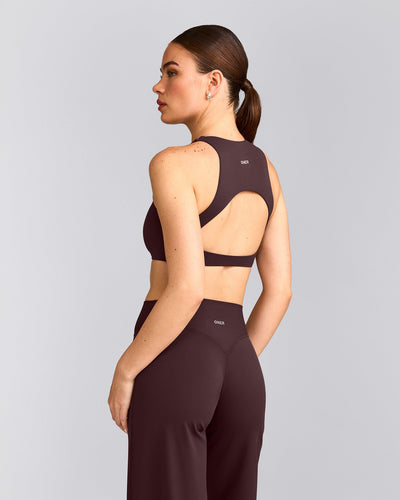 SoftMotion™ High Neck Sports Bra with Gray Logo | Plum Brown