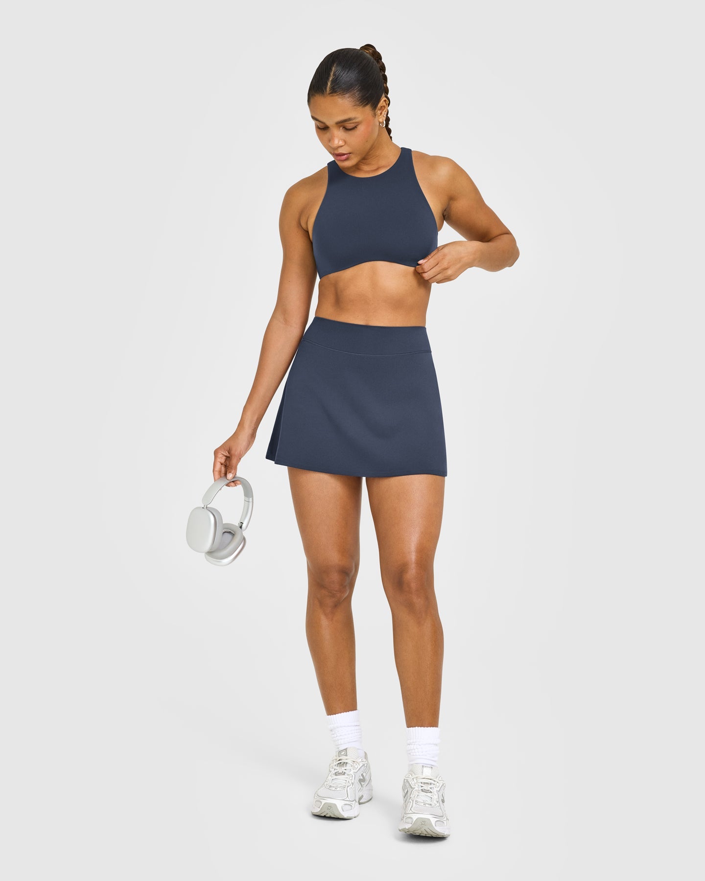 SoftMotion™ High Neck Sports Bra with White Logo | True Blue