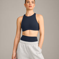 SoftMotion™ High Neck Sports Bra with Grey Logo | True Blue