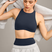 SoftMotion™ High Neck Sports Bra with Grey Logo | True Blue