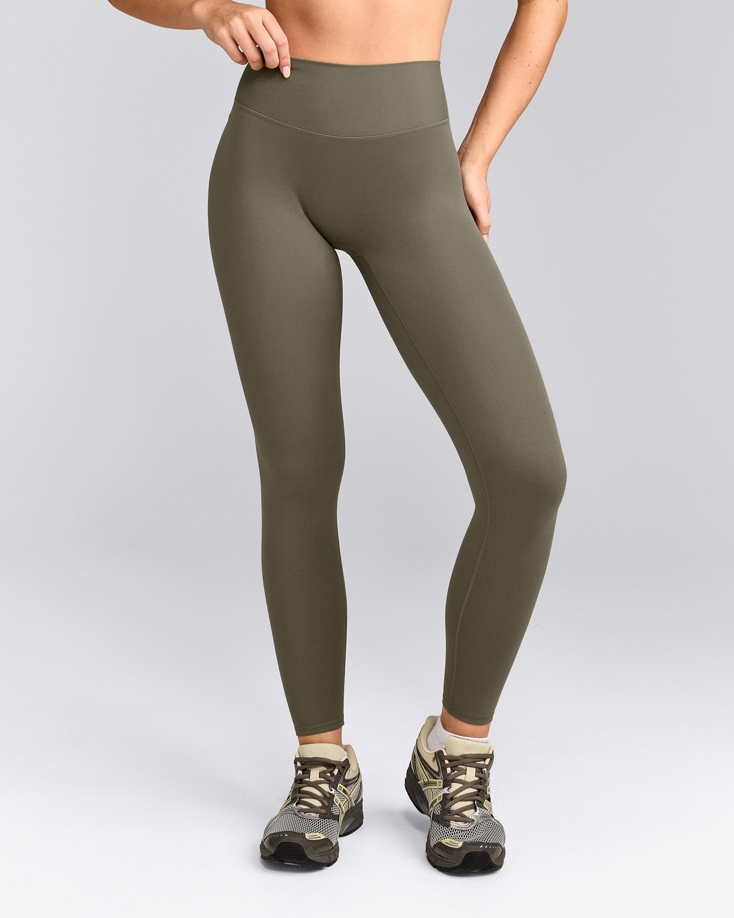 SoftMotion™ High Waisted Leggings with Grey Logo | Alpine Green