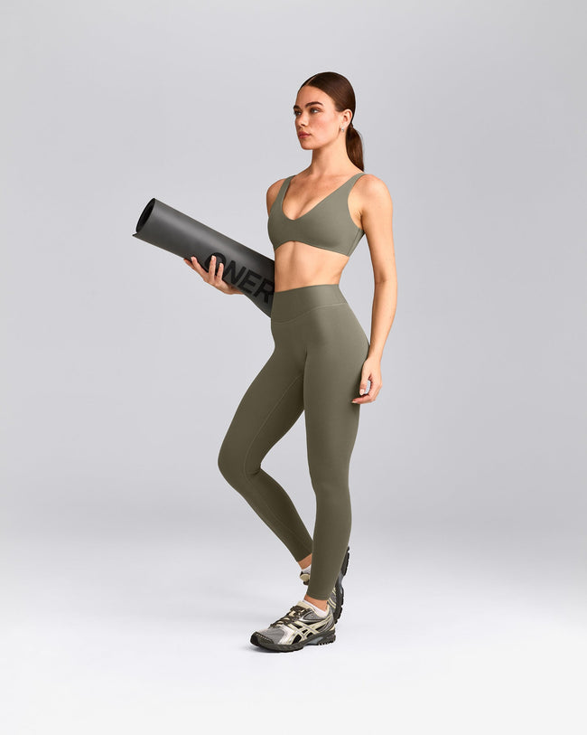 SoftMotion™ High Waisted Leggings with Grey Logo | Alpine Green