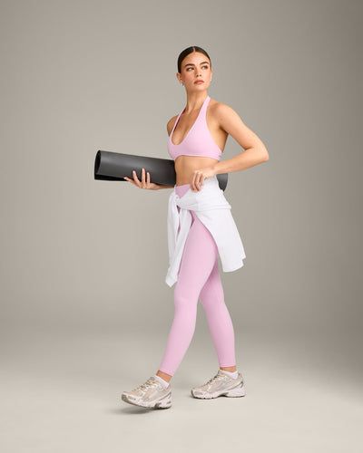 SoftMotion™ High Waisted Leggings with Grey Logo | Chalk Pink