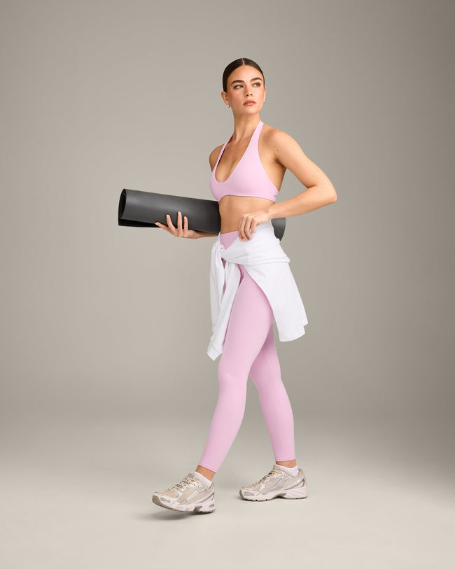 SoftMotion™ High Waisted Leggings with Grey Logo | Chalk Pink