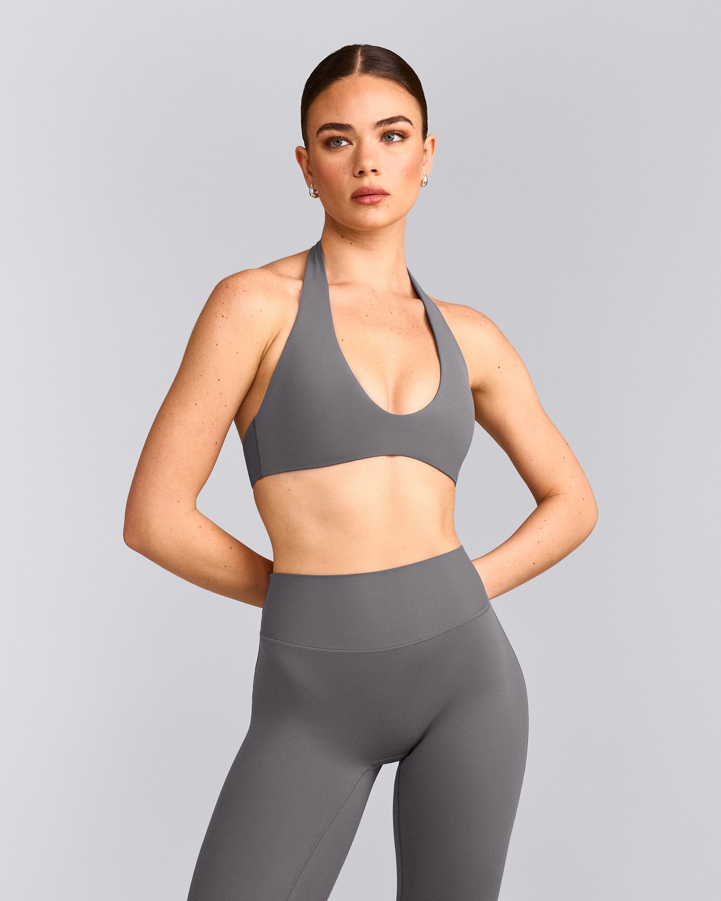 SoftMotion™ Minimal Halter Neck Bralette with Gray Logo | Ash Gray