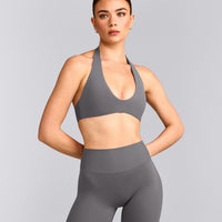 SoftMotion™ Minimal Halter Neck Bralette with Gray Logo | Ash Gray