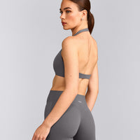 SoftMotion™ Minimal Halter Neck Bralette with Gray Logo | Ash Gray