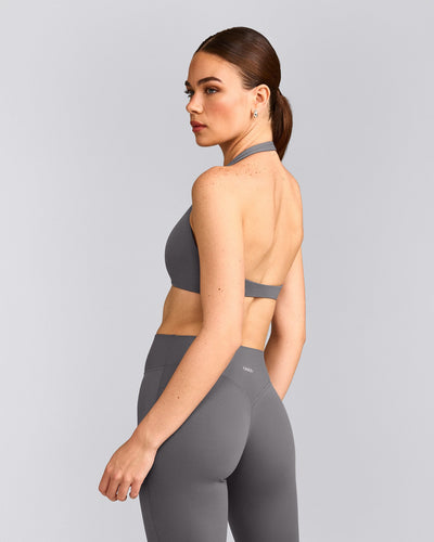 SoftMotion™ Minimal Halter Neck Bralette with Gray Logo | Ash Gray