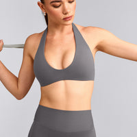 SoftMotion™ Minimal Halter Neck Bralette with Gray Logo | Ash Gray
