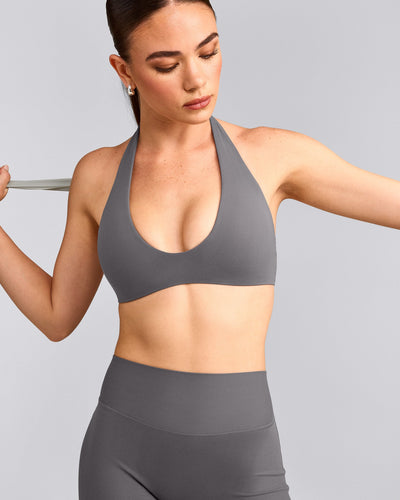 SoftMotion™ Minimal Halter Neck Bralette with Gray Logo | Ash Gray