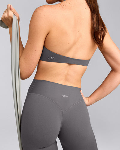 SoftMotion™ Minimal Halter Neck Bralette with Gray Logo | Ash Gray