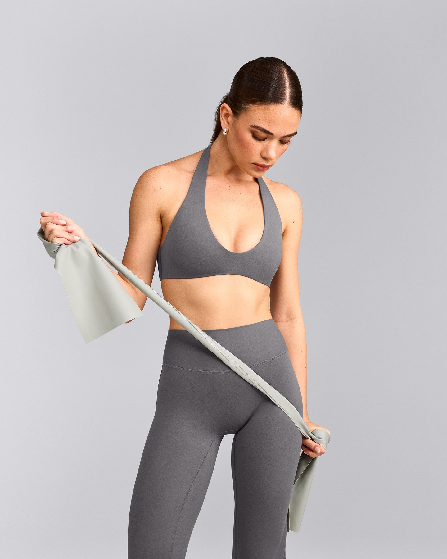 SoftMotion™ Minimal Halter Neck Bralette with Gray Logo | Ash Gray