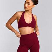 SoftMotion™ Minimal Halter Neck Bralette with Grey Logo | Ruby Red