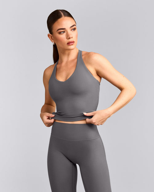 SoftMotion™ Racer Back Mid Tank Top with Built in Bra Shelf | Ash Gray