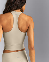 SoftMotion™ Racer Back Mid Tank Top with Built in Bra Shelf | Oatmeal