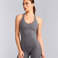 SoftMotion™ Racer Back Tank Top with Built in Bra Shelf with Gray Logo | Ash Gray