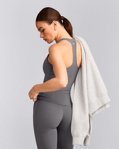 SoftMotion™ Racer Back Tank Top with Built in Bra Shelf with Gray Logo | Ash Gray